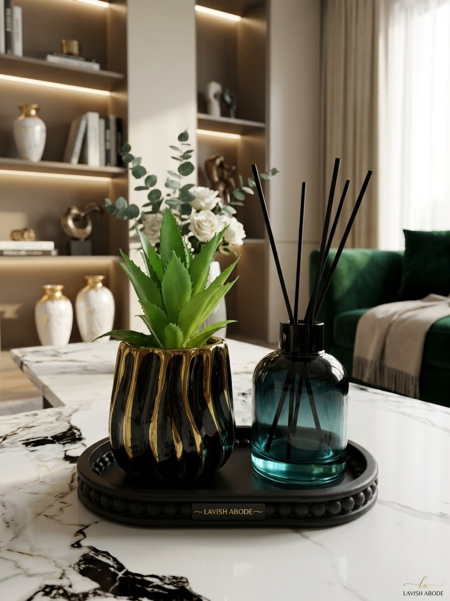 Black & Gold Decor Setup Combo – Artificial Succulent, Beaded Tray & 200ml Reed Diffuser | Luxury Home Decor Kenya