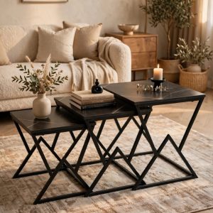 Modern 3-in-1 Executive Square Coffee Table Set – Pure Marble Tops & Black Metal Frames | Luxury Coffee Tables Kenya