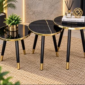 3-Piece Round Nesting Coffee Table Set – Black Marble-Effect Tops with Gold Trim & Black Legs | Luxury Coffee Tables Kenya