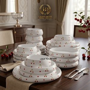 24-Piece Red Cherry Bavaria Dinnerware Set – White Ceramic Plates & Bowls | Premium Dinner Set Kenya